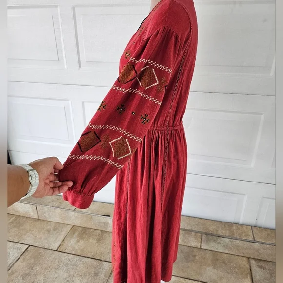 Zara TRF Boho Maxi Dress Red Embroidered Long Sleeve Peasant Ethnic Festival M - Picture 3 of 16